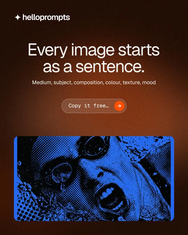 Instagram portrait post for HelloPrompts: "Every image starts as a sentence." Agentic glass style, centred layout, dark palette in red, black, blue.