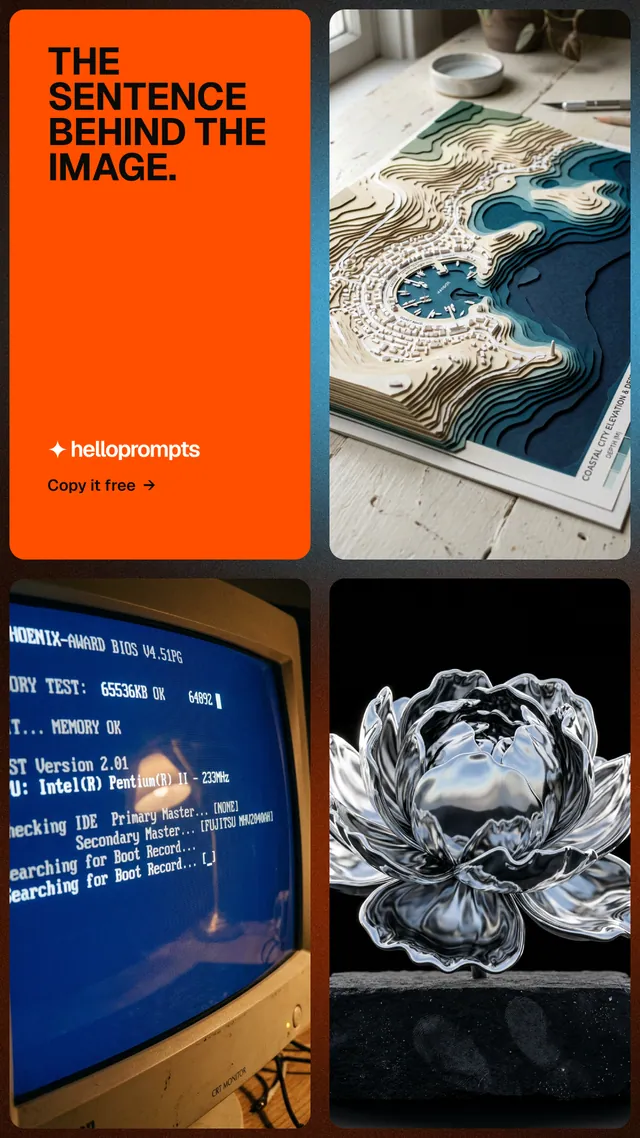 Instagram story for HelloPrompts: "The sentence behind the image." Agentic glass style, collage layout, dark palette in grey, black, orange.