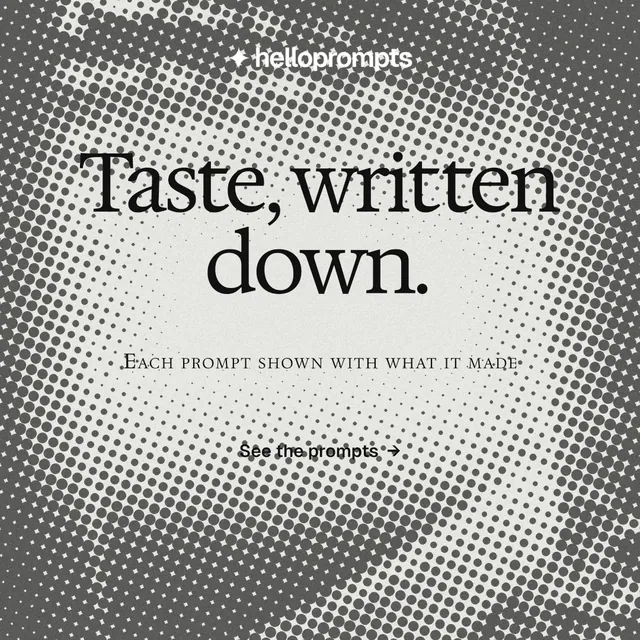 Instagram post for HelloPrompts: "Taste, written down." Split block style, smallcaps layout, light palette in white, grey.