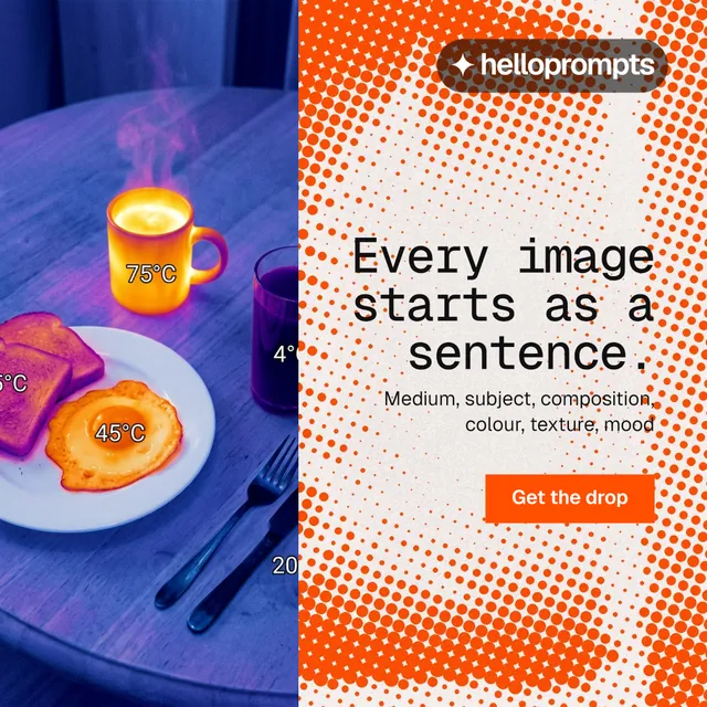 Instagram post for HelloPrompts: "Every image starts as a sentence." Swiss style, right layout, light palette in orange, blue.
