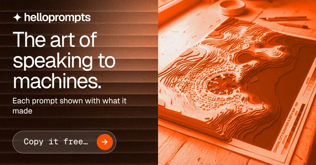 Social ad for HelloPrompts: "The art of speaking to machines." Agentic glass style, bottom layout, dark palette in black, brown, orange.