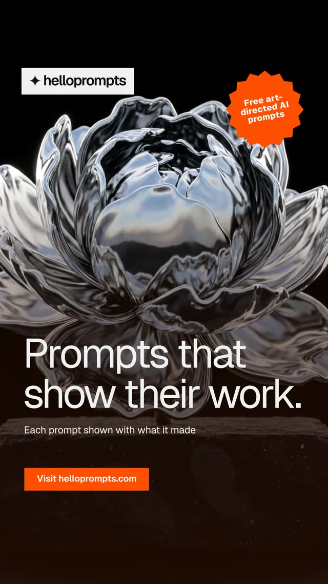 Instagram story for HelloPrompts: "Prompts that show their work." Swiss style, sticker layout, dark palette in orange, black, grey.