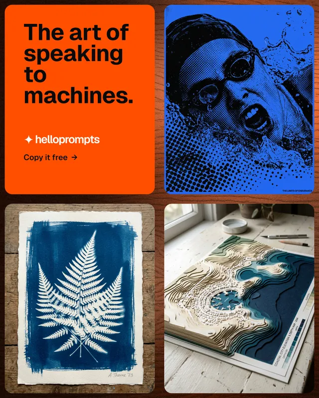 Instagram portrait post for HelloPrompts: "The art of speaking to machines." Agentic glass style, collage layout, dark palette in blue, red, grey.