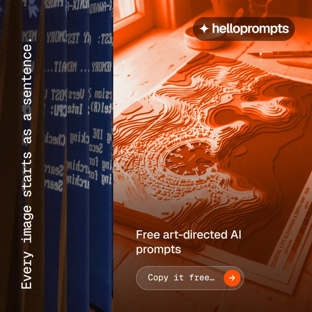 Instagram post for HelloPrompts: "Every image starts as a sentence." Agentic glass style, vertical layout, dark palette in black, orange, brown.