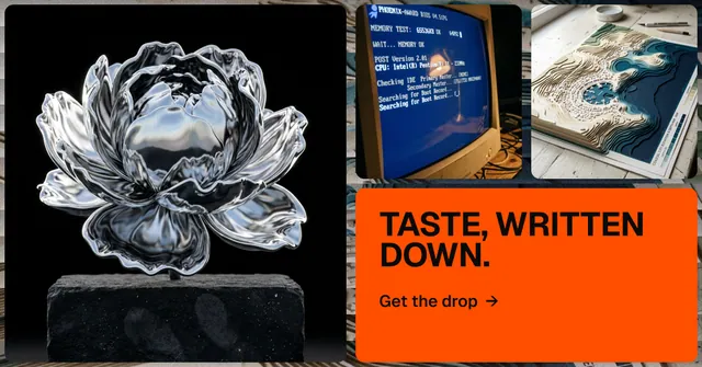 Social ad for HelloPrompts: "Taste, written down." Agentic glass style, collage layout, dark palette in black, orange, grey.