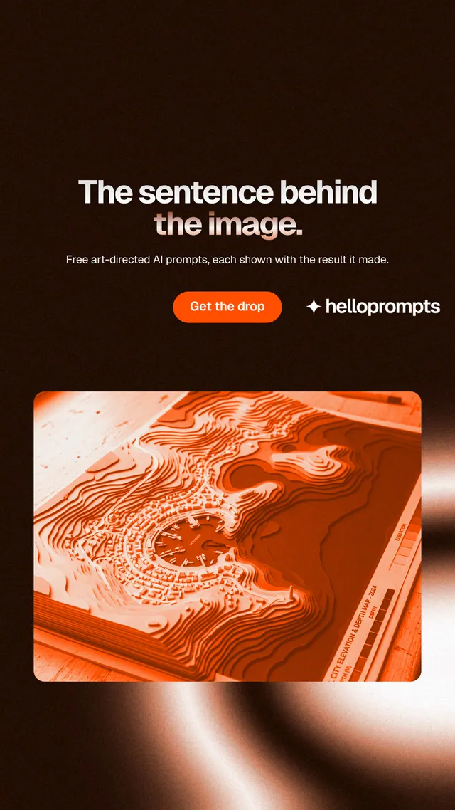 Instagram story for HelloPrompts: "The sentence behind the image." Y2K style, centred layout, dark palette in black, orange.