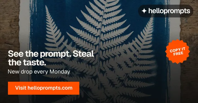 Social ad for HelloPrompts: "See the prompt. Steal the taste." Swiss style, sticker layout, dark palette in black, grey, brown.