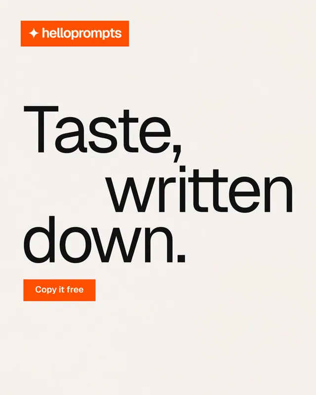 Instagram portrait post for HelloPrompts: "Taste, written down." Swiss style, stacked layout, light palette in white, orange.
