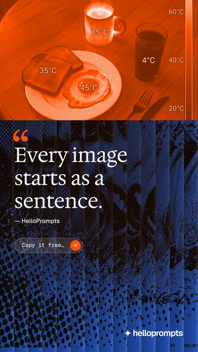 Instagram story for HelloPrompts: "Every image starts as a sentence." Agentic glass style, quote layout, dark palette in black, red, blue.