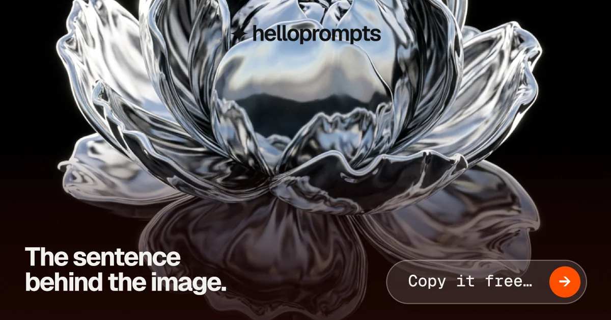Social ad for HelloPrompts: "The sentence behind the image." Agentic glass style, image led layout, dark palette in black, red, grey.