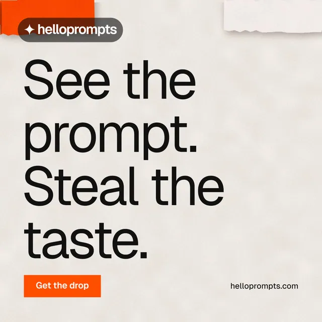 Instagram post for HelloPrompts: "See the prompt. Steal the taste." Swiss style, poster layout, light palette in orange, white.