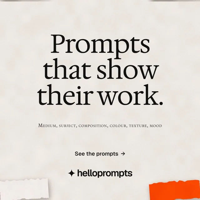 Instagram post for HelloPrompts: "Prompts that show their work." Editorial style, smallcaps layout, light palette in orange.