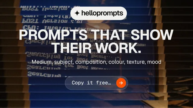 Landscape graphic for HelloPrompts: "Prompts that show their work." Agentic glass style, centred layout, dark palette in black, blue, grey.