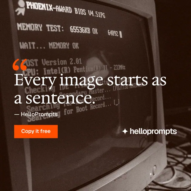 Instagram post for HelloPrompts: "The art of speaking to machines." Swiss style, quote layout, dark palette in orange, grey, black.