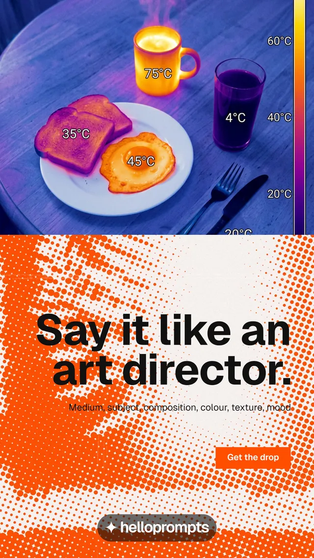 Instagram story for HelloPrompts: "Say it like an art director." Swiss style, right layout, light palette in blue, red, orange.