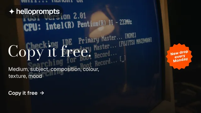 Landscape graphic for HelloPrompts: "Copy it free." Minimal luxury style, sticker layout, dark palette in blue, black, grey.