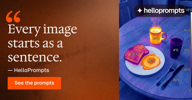 Social ad for HelloPrompts: "Say it like an art director." Swiss style, quote layout, dark palette in orange, purple, pink.