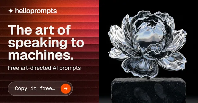 Social ad for HelloPrompts: "The art of speaking to machines." Agentic glass style, bottom layout, dark palette in black, red, grey.