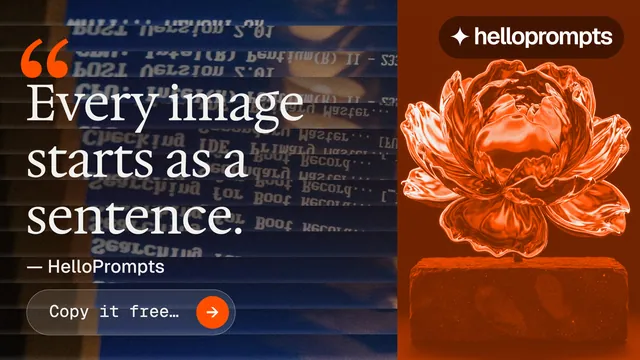 Landscape graphic for HelloPrompts: "Say it like an art director." Agentic glass style, quote layout, dark palette in blue, orange, red.
