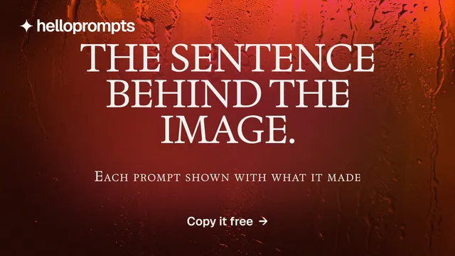 Landscape graphic for HelloPrompts: "The sentence behind the image." Swiss style, smallcaps layout, dark palette in black, red.