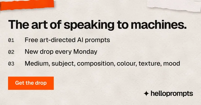 Social ad for HelloPrompts: "The art of speaking to machines." Swiss style, numbered layout, light palette in orange.