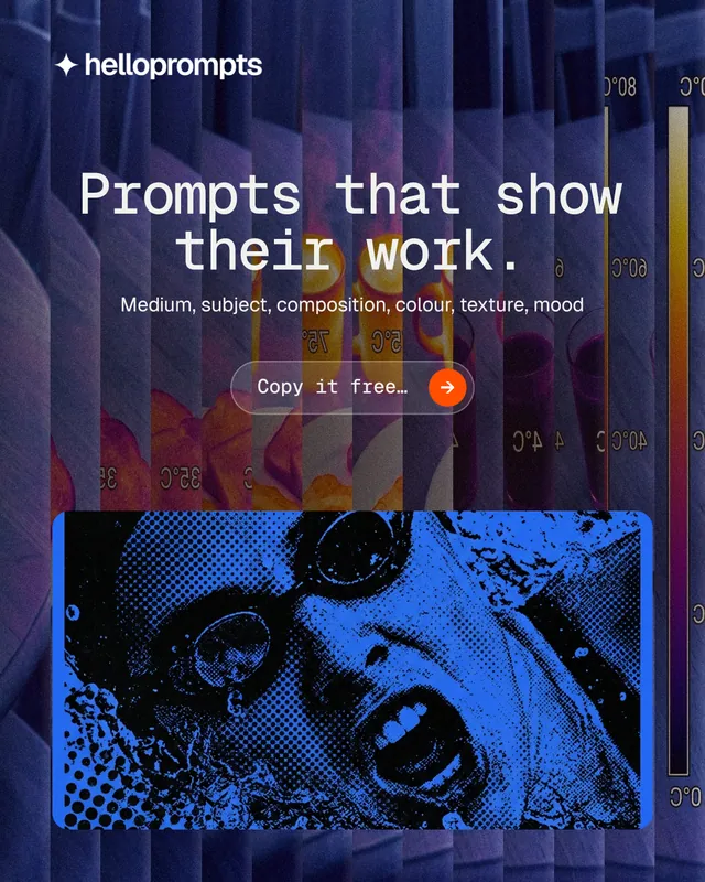 Instagram portrait post for HelloPrompts: "Prompts that show their work." Agentic glass style, centred layout, dark palette in blue, black, purple.
