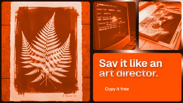 Landscape graphic for HelloPrompts: "Say it like an art director." Y2K style, collage layout, light palette in orange.