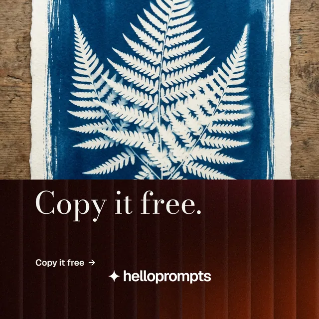 Instagram post for HelloPrompts: "Copy it free." Minimal luxury style, bottom layout, dark palette in black, grey, white.