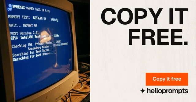 Social ad for HelloPrompts: "Copy it free." Swiss style, right layout, light palette in blue, white, orange.