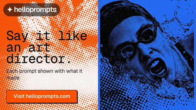Landscape graphic for HelloPrompts: "Say it like an art director." Brutalist style, bottom layout, dark palette in blue, orange.