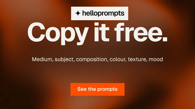 Landscape graphic for HelloPrompts: "Copy it free." Swiss style, centred layout, dark palette in orange.