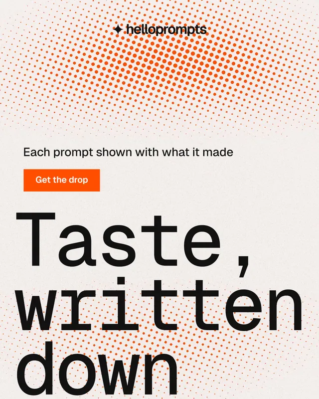 Instagram portrait post for HelloPrompts: "Every image starts as a sentence." Split block style, oversized layout, light palette in orange, white, grey.