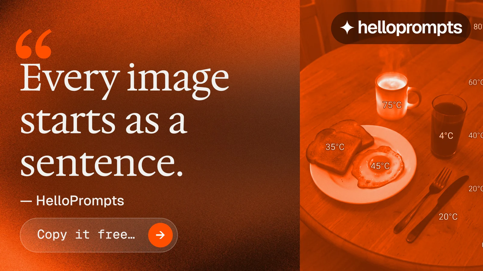 Landscape graphic for HelloPrompts: "See the prompt. Steal the taste." Agentic glass style, quote layout, dark palette in orange.