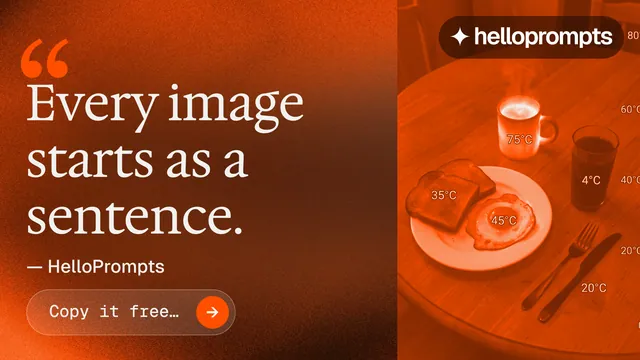 Landscape graphic for HelloPrompts: "See the prompt. Steal the taste." Agentic glass style, quote layout, dark palette in orange.
