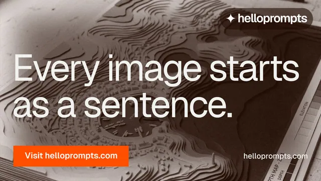 Landscape graphic for HelloPrompts: "Every image starts as a sentence." Swiss style, poster layout, dark palette in orange, grey.