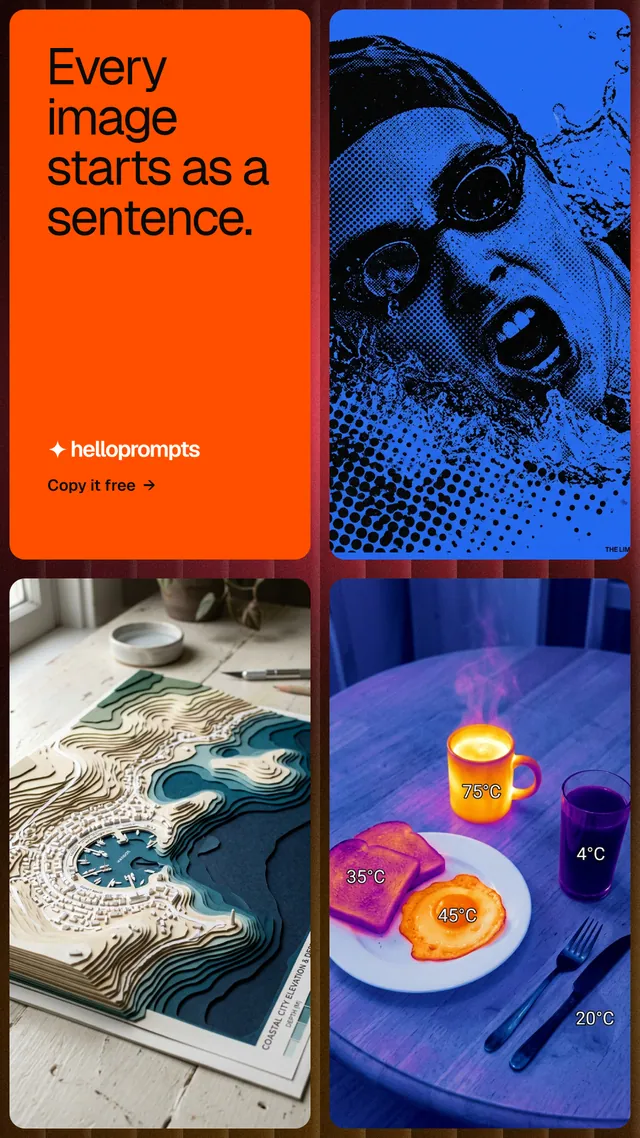 Instagram story for HelloPrompts: "Every image starts as a sentence." Agentic glass style, collage layout, dark palette in blue, red, grey.