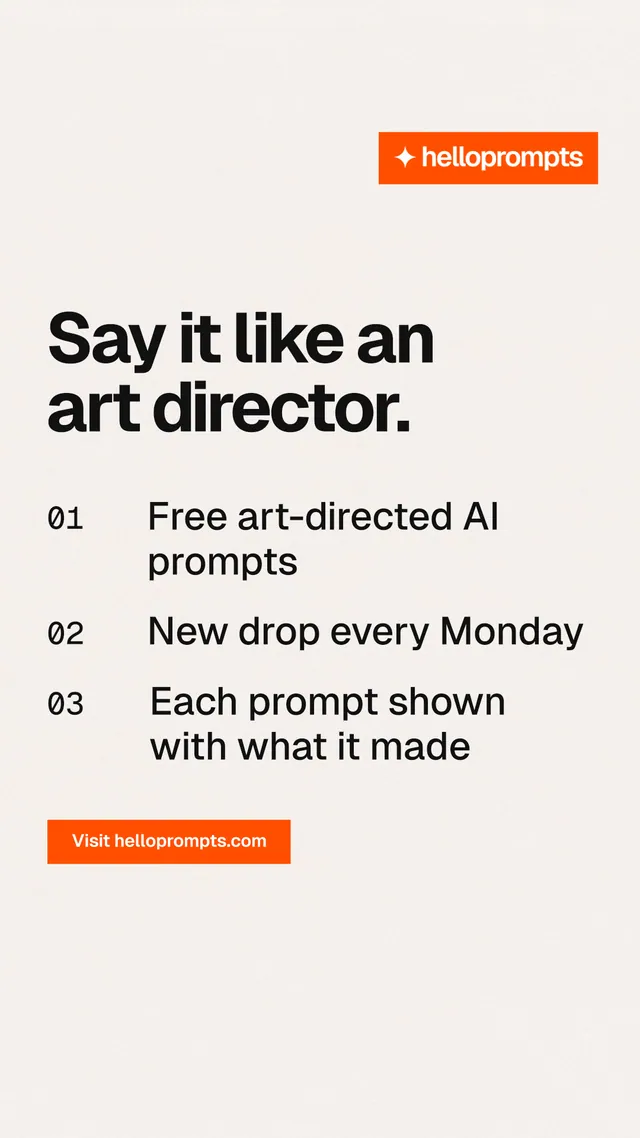 Instagram story for HelloPrompts: "Say it like an art director." Swiss style, numbered layout, light palette in white, orange.