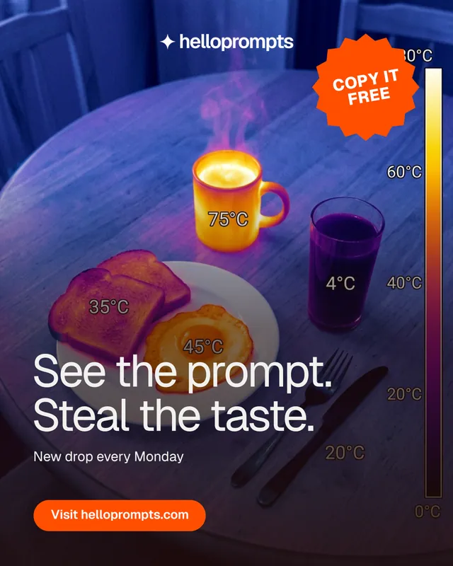 Instagram portrait post for HelloPrompts: "See the prompt. Steal the taste." Photo poster style, sticker layout, dark palette in purple, grey, blue.