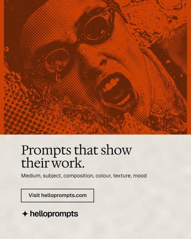 Instagram portrait post for HelloPrompts: "Prompts that show their work." Editorial style, bottom layout, light palette in orange, white.