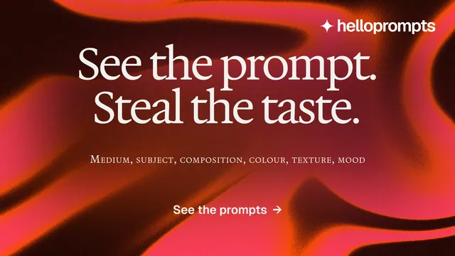 Landscape graphic for HelloPrompts: "See the prompt. Steal the taste." Agentic glass style, smallcaps layout, dark palette in red.