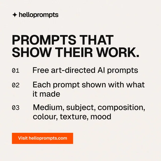 Instagram post for HelloPrompts: "Prompts that show their work." Swiss style, numbered layout, light palette in white, grey, orange.