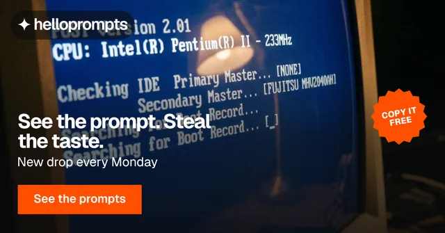 Social ad for HelloPrompts: "See the prompt. Steal the taste." Split block style, sticker layout, dark palette in blue, grey, black.