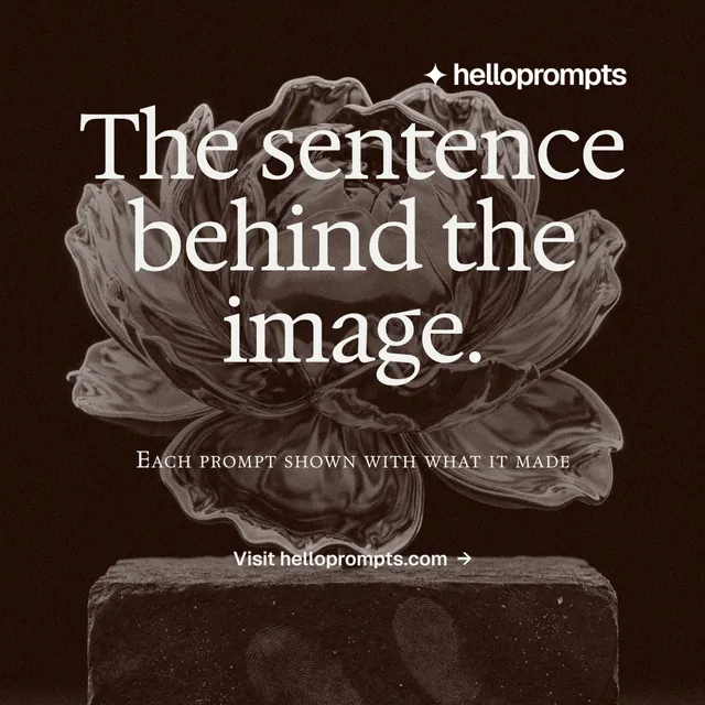 Instagram post for HelloPrompts: "The sentence behind the image." Editorial style, smallcaps layout, dark palette in black, orange, grey.