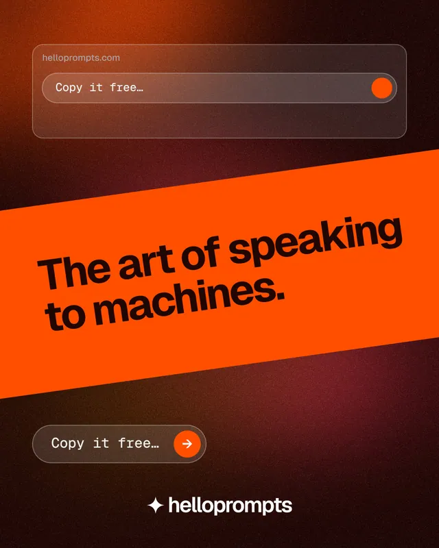 Instagram portrait post for HelloPrompts: "The art of speaking to machines." Agentic glass style, diagonal layout, dark palette in red, orange, black.