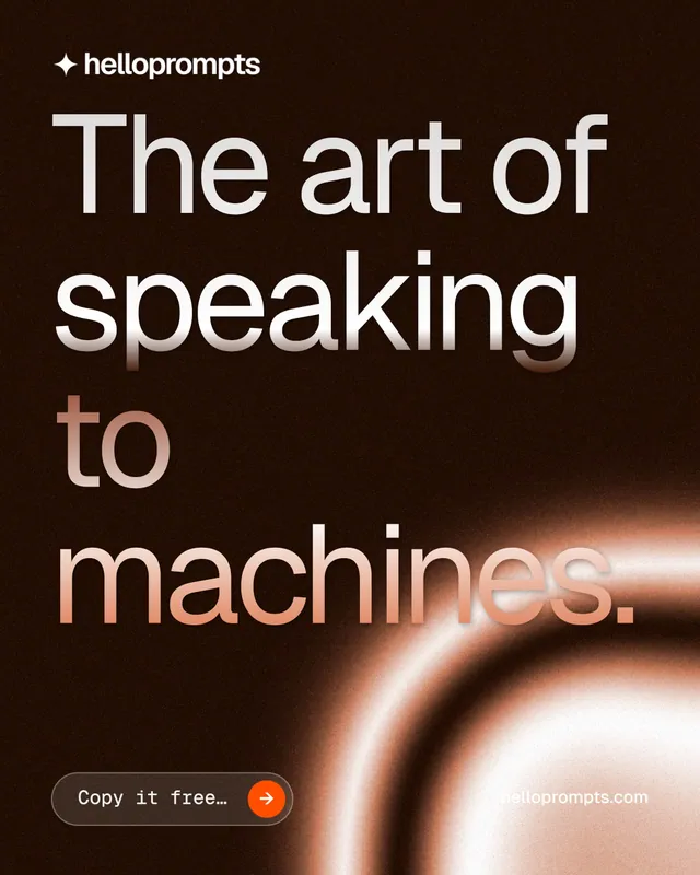Instagram portrait post for HelloPrompts: "The art of speaking to machines." Agentic glass style, poster layout, dark palette in black, orange, brown.