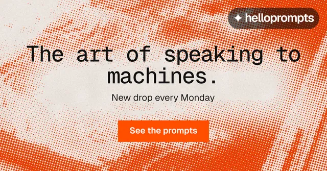 Social ad for HelloPrompts: "The art of speaking to machines." Swiss style, centred layout, light palette in orange.