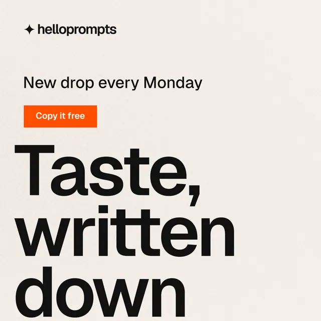 Instagram post for HelloPrompts: "Prompts that show their work." Swiss style, oversized layout, light palette in white, grey, orange.
