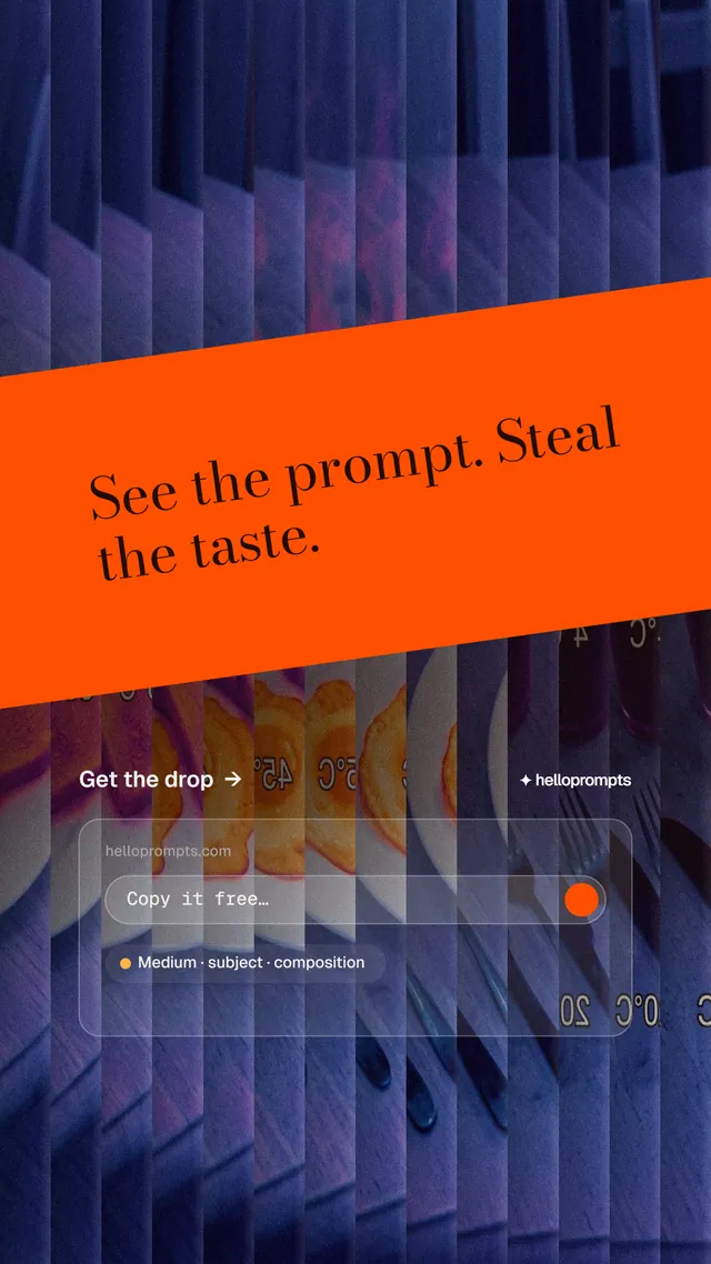 Instagram story for HelloPrompts: "See the prompt. Steal the taste." Minimal luxury style, diagonal layout, dark palette in purple, blue, grey.