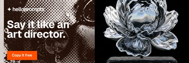 X header for HelloPrompts: "Say it like an art director." Swiss style, bottom layout, dark palette in grey, black, orange.