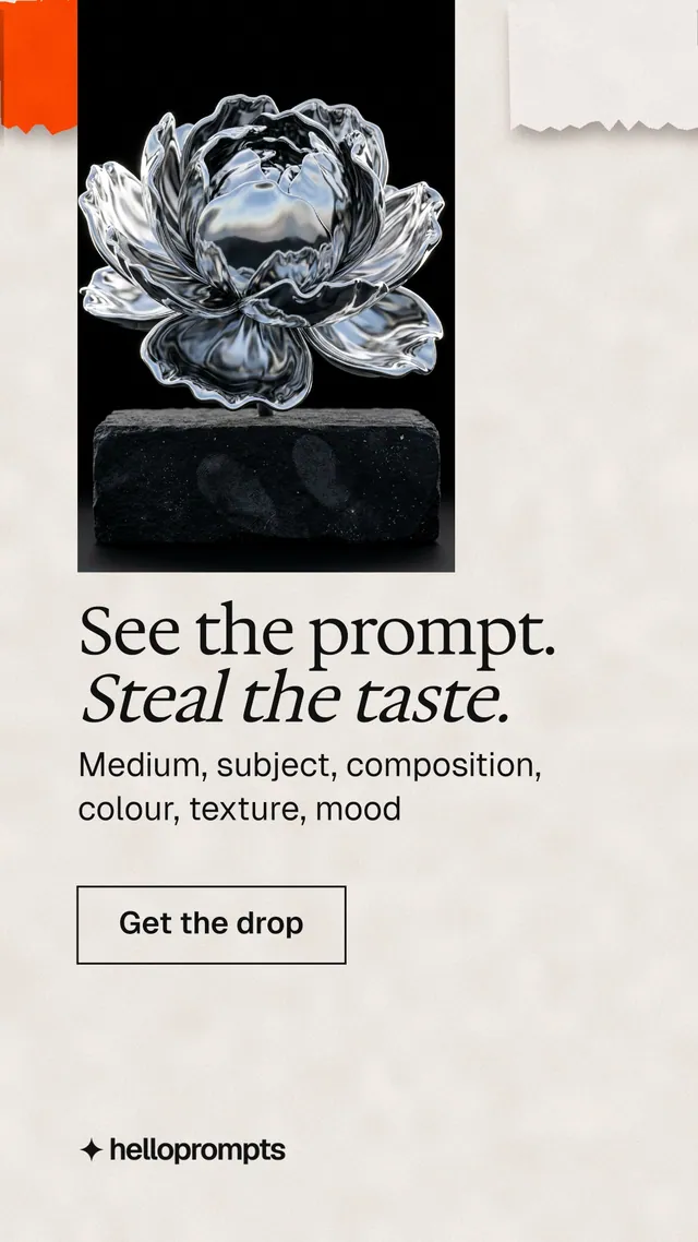 Instagram story for HelloPrompts: "See the prompt. Steal the taste." Editorial style, skeleton layout, light palette in orange, black, grey.
